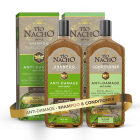 Tio Nacho front packaging set showing dual 14 fl oz bottles and repair benefits