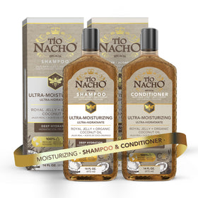 Tio Nacho front packaging showing the full shampoo and conditioner set and benefits