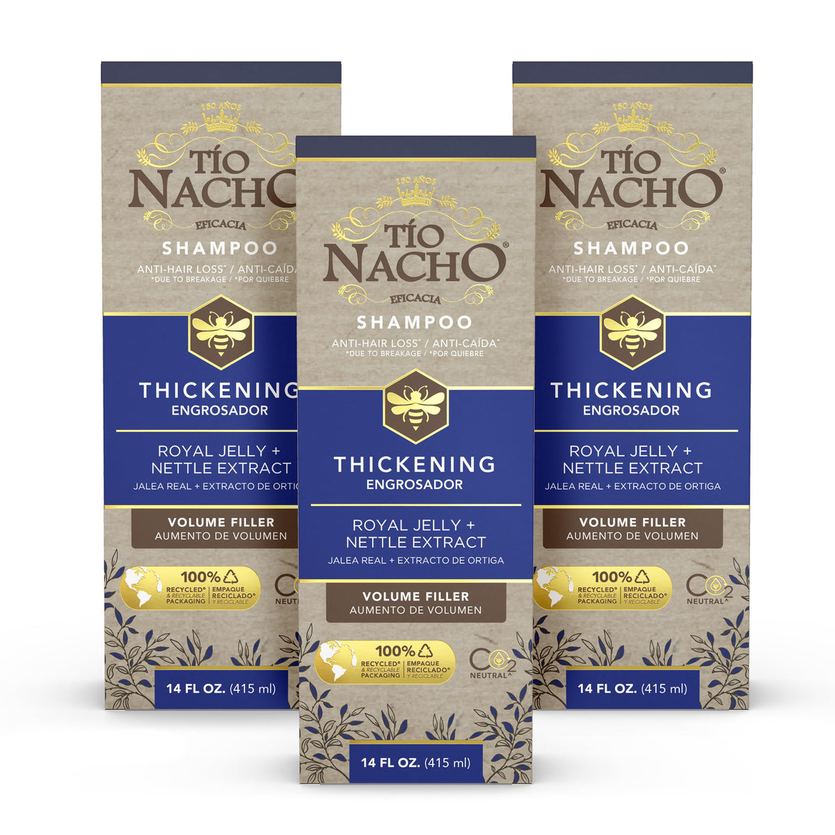 Tio Nacho front packaging showing three 14 fl oz bottles and volume benefit