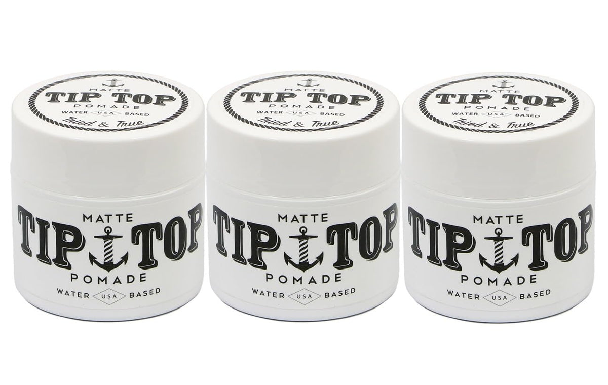 TipTop matte pomade front packaging showing three 4.25oz cans and brand clarity