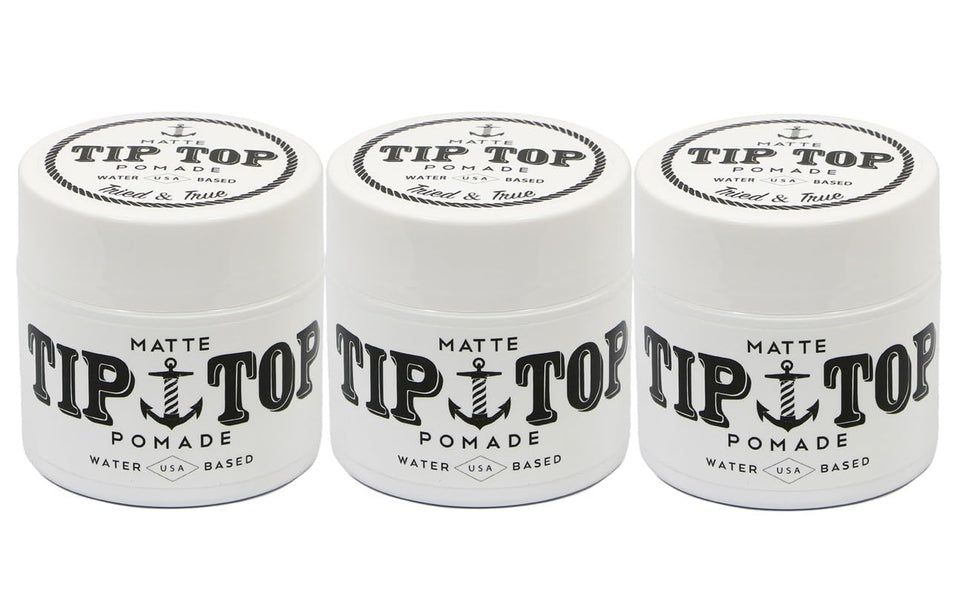 TipTop matte pomade front packaging showing three 4.25oz cans and brand clarity