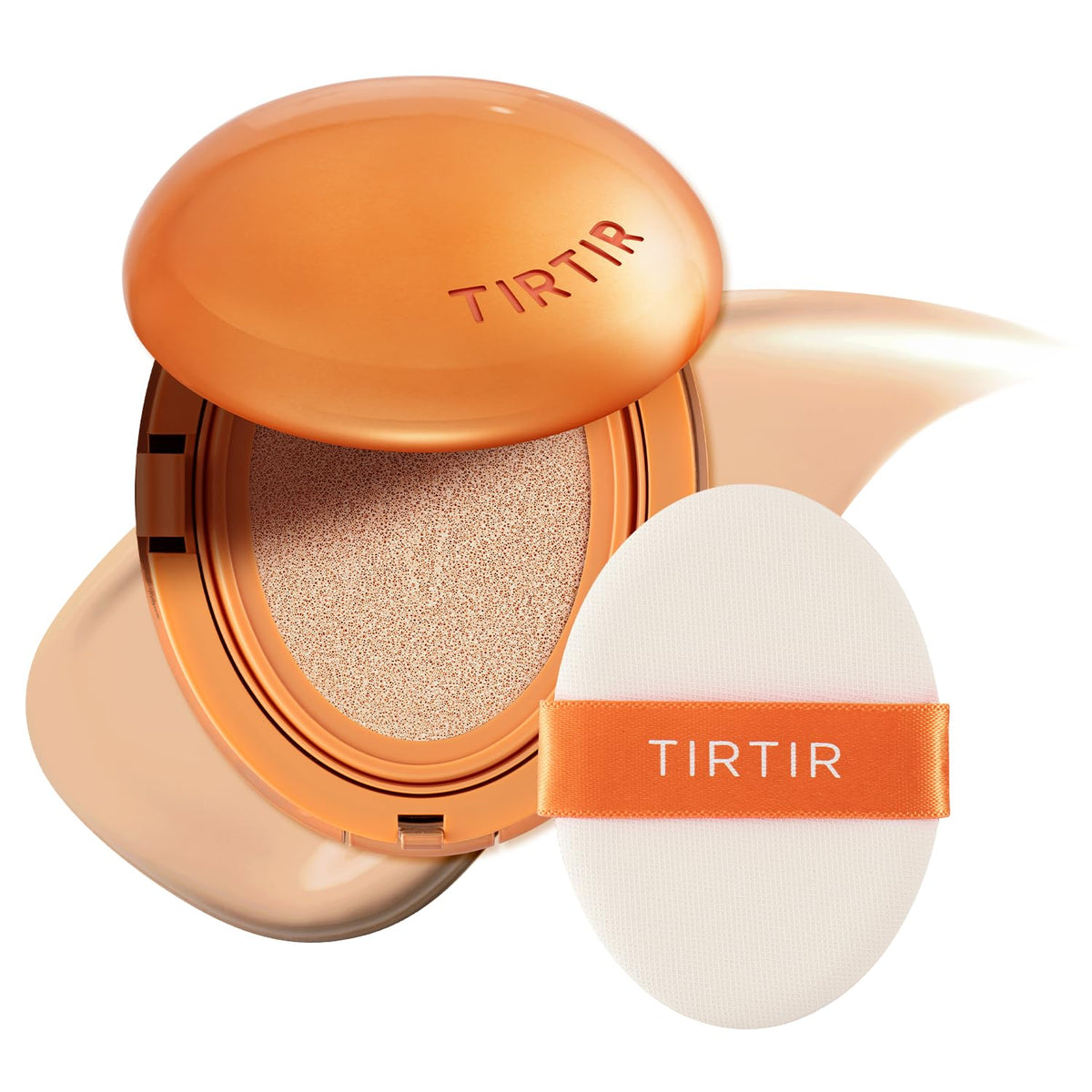 TIRTIR compact front view showing shell beige shade and portable design benefit