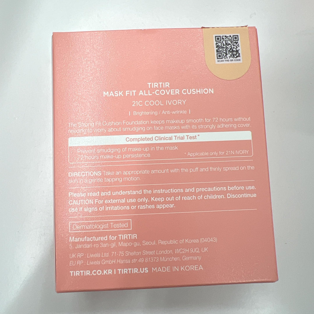 TIRTIR ingredient label showing patented double shield, emphasizes extended wear benefit