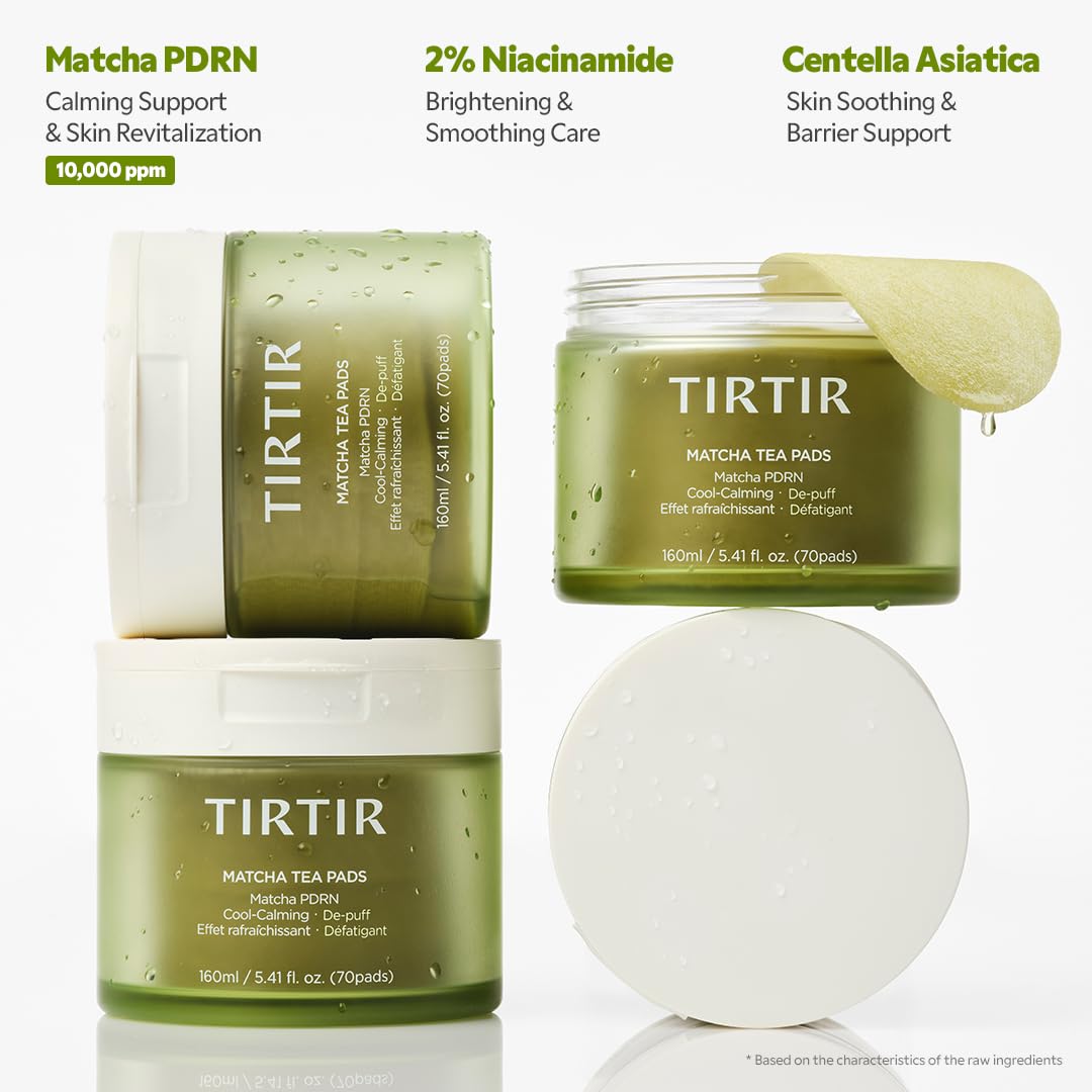 TIRTIR pad being applied to cheek demonstrating gentle exfoliation and calm