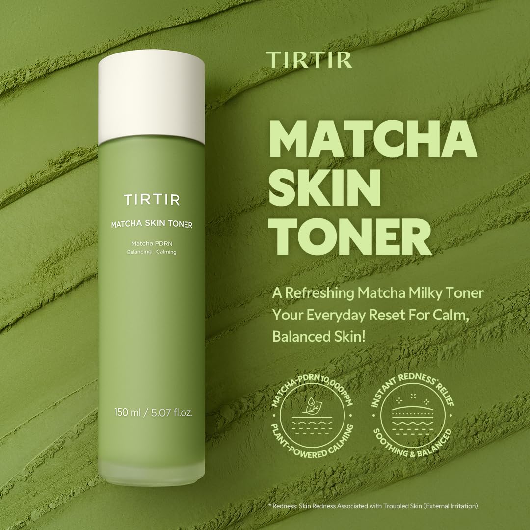TIRTIR close-up label of Matcha PDRN toner highlighting key ingredients and clarity