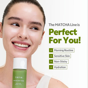 TIRTIR bottle on vanity with towel and greenery suggesting calming daily skincare routine