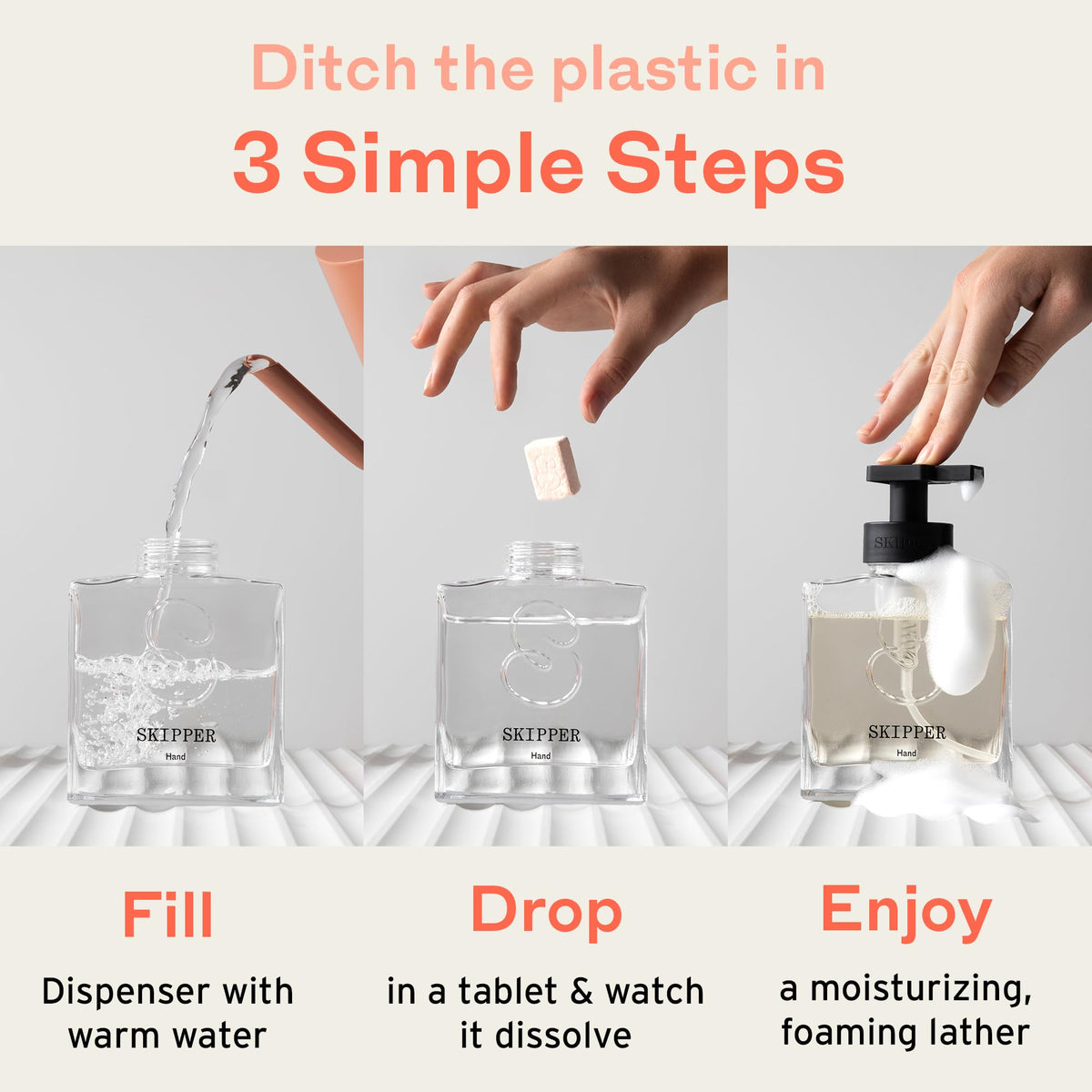 Tirtyl three refill tablets in compostable wrappers showing variety and reduced waste