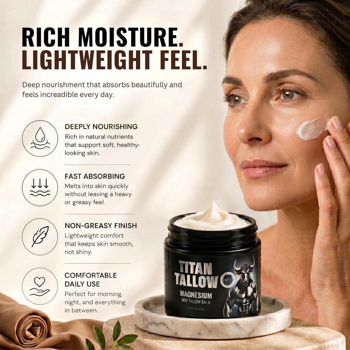 Titan Tallow being applied to face showcasing quick absorption and lightweight feel benefit