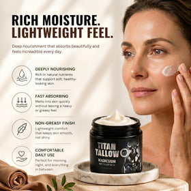 Titan Tallow being applied to face showcasing quick absorption and lightweight feel benefit