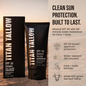 Titan Tallow on a beach towel showing family-friendly outdoor protection benefit