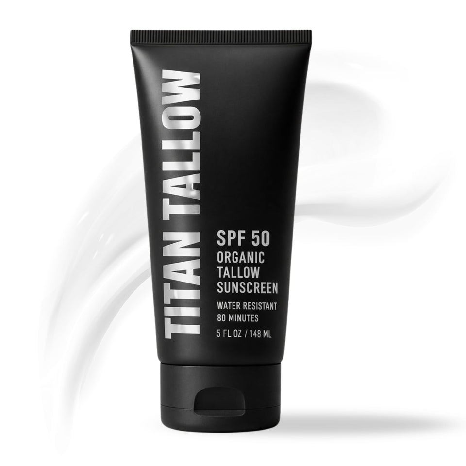 Titan Tallow front packaging showing 5 oz tube and clear SPF label benefit
