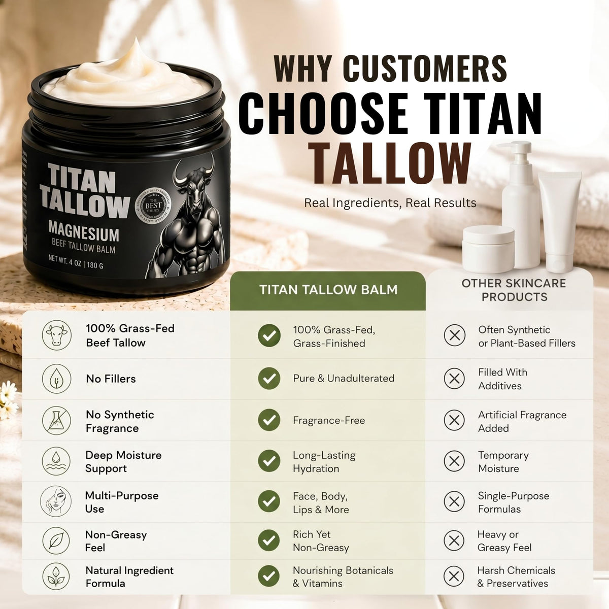 Titan Tallow ingredients flatlay with botanicals showing natural ingredient transparency benefit