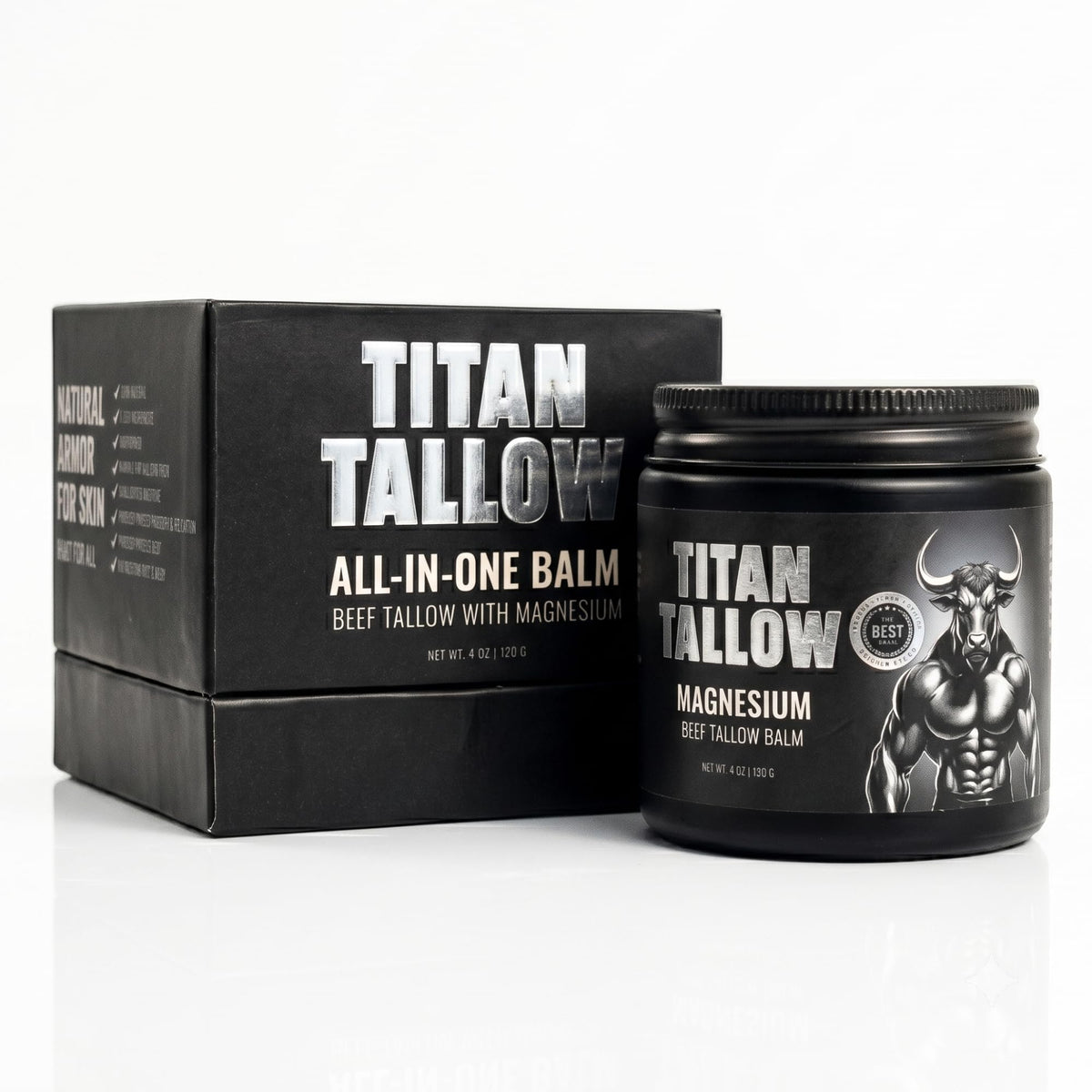 Titan Tallow tin front view showing clean packaging and easy-open lid benefit