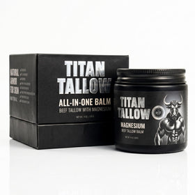 Titan Tallow tin front view showing clean packaging and easy-open lid benefit