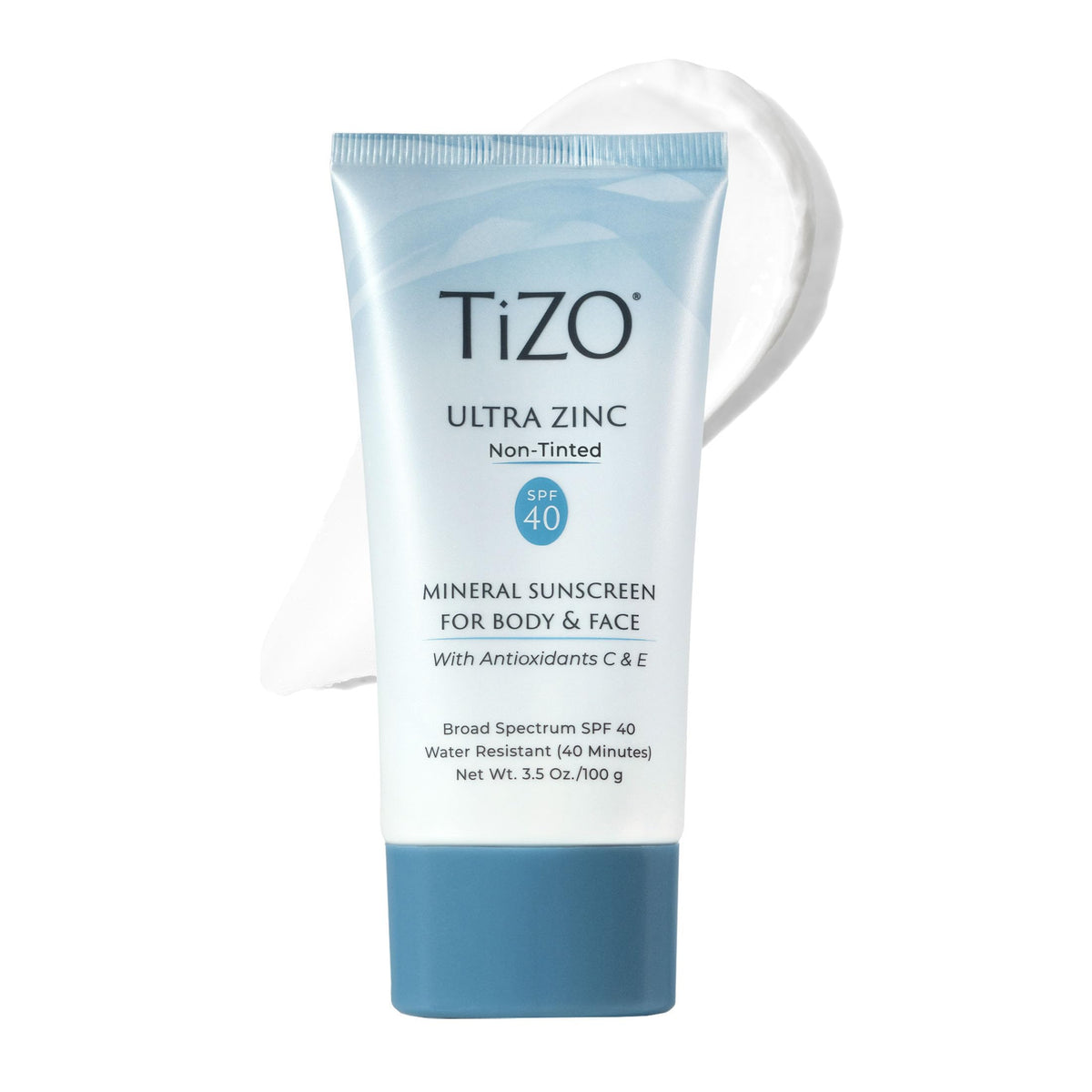 TIZO front packaging showing SPF 40 and tube for clear protection