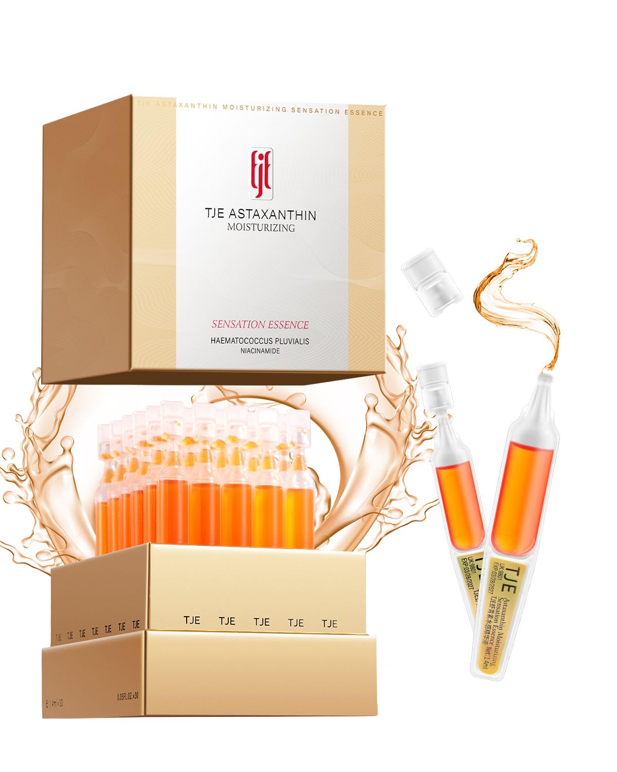 TJE front packaging of 28 ampoules showing neat box and ampoules benefit travel-ready routine
