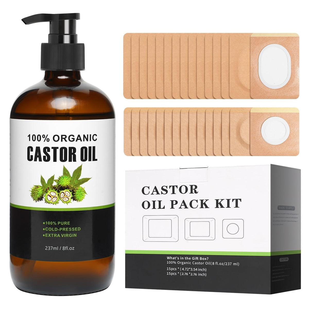 TJJSNA front packaging of castor oil kit showing bottle and patches for easy at-home use