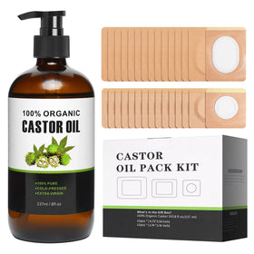 TJJSNA front packaging of castor oil kit showing bottle and patches for easy at-home use