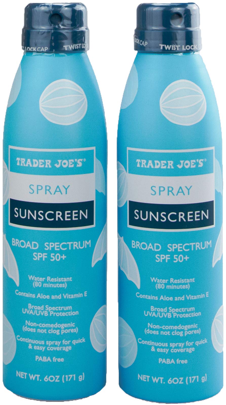 Trader Joe's front packaging showing SPF 50+ and two-pack benefit