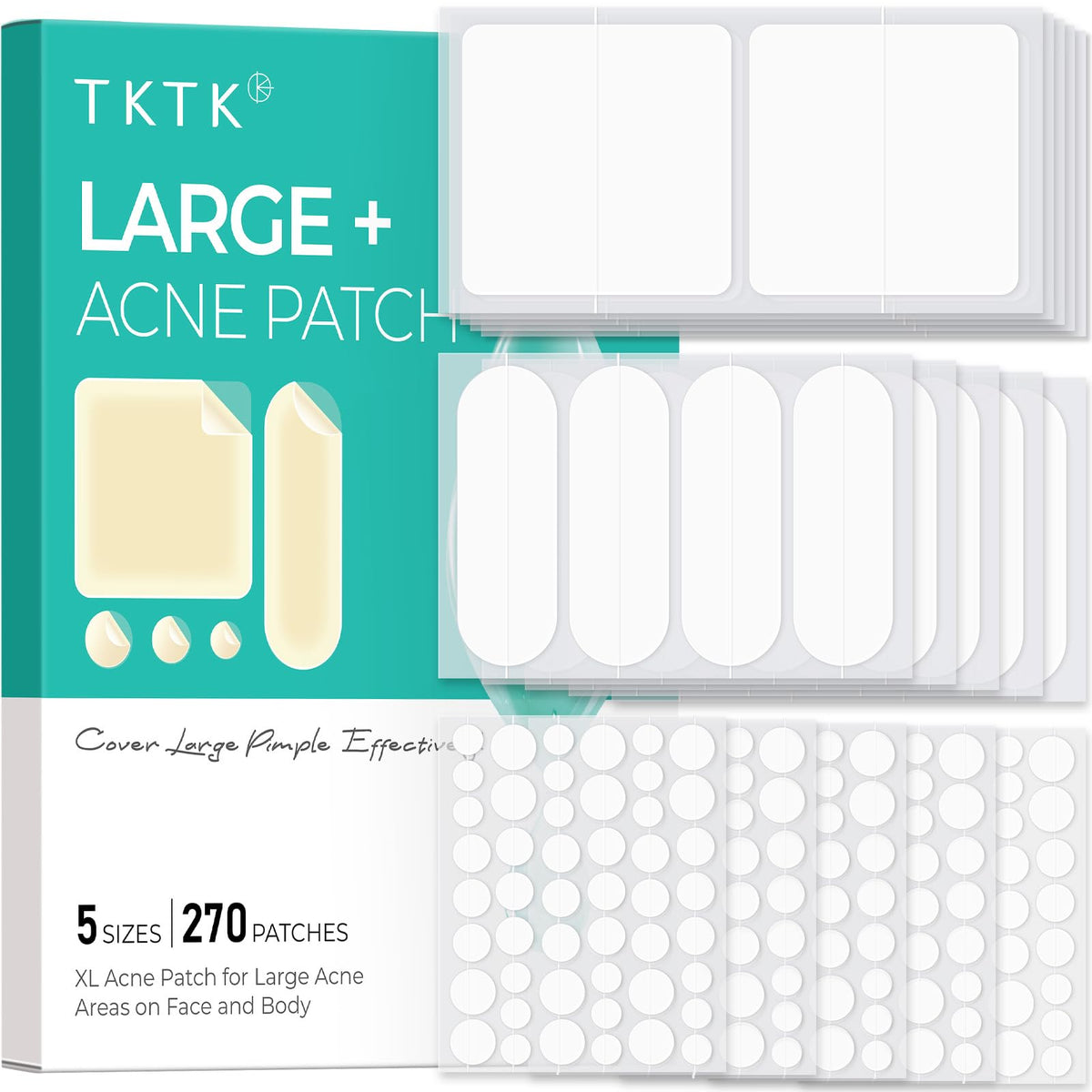 TKTK front packaging showing 270-count acne patch assortment and benefits