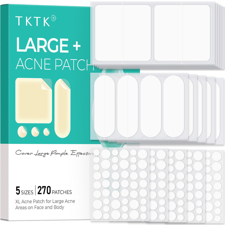 TKTK front packaging showing 270-count acne patch assortment and benefits