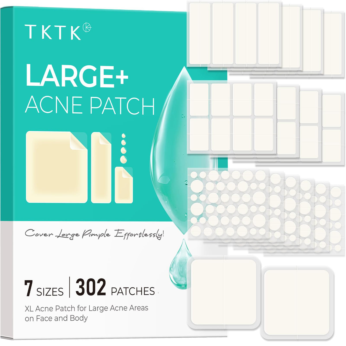 TKTK front packaging showing 302 patches and 7 sizes, clear organization benefit