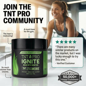 Applying TNT Pro Ignite to thigh before workout illustrating targeted warming and focus
