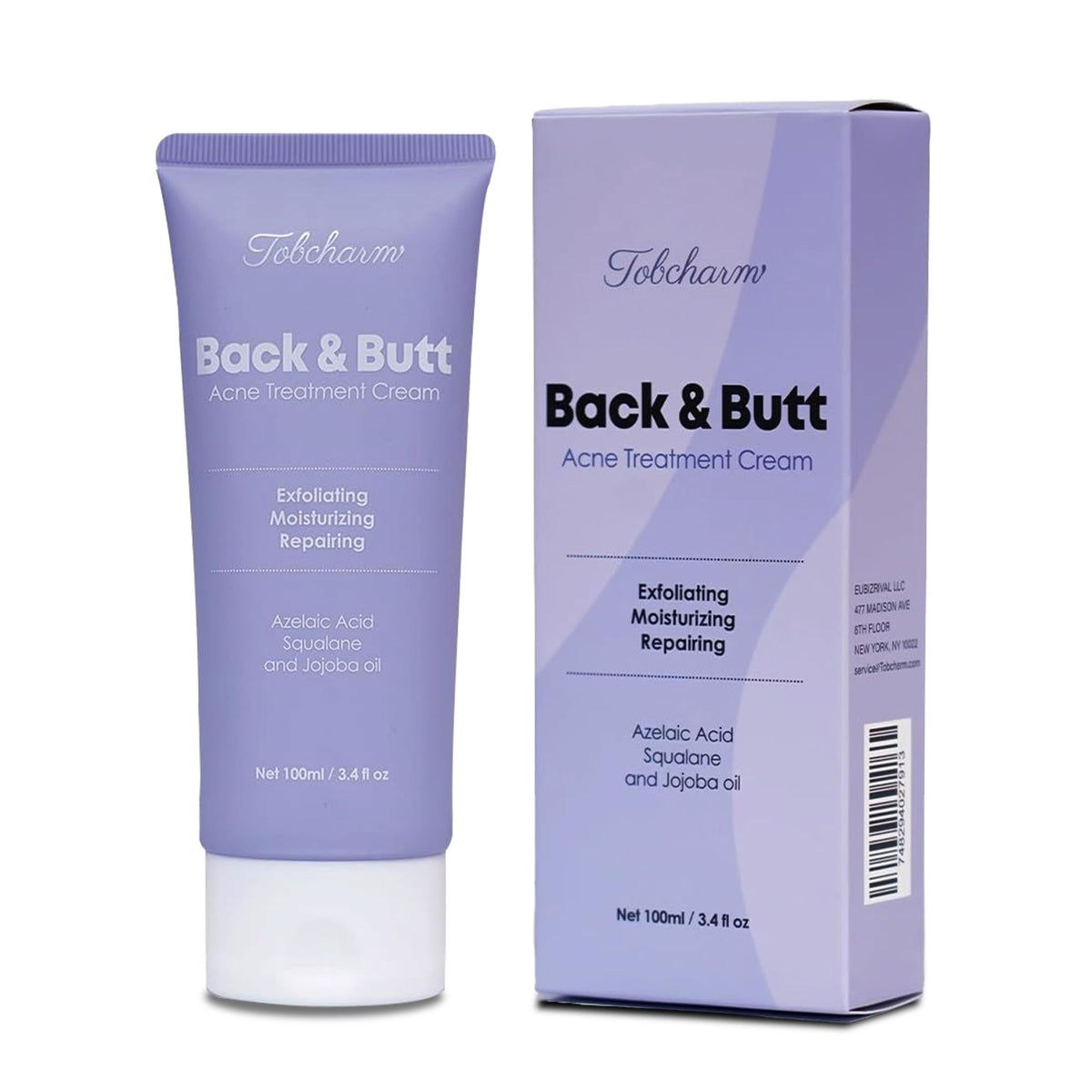 Tobcharm front packaging showing product and benefits for targeted body acne