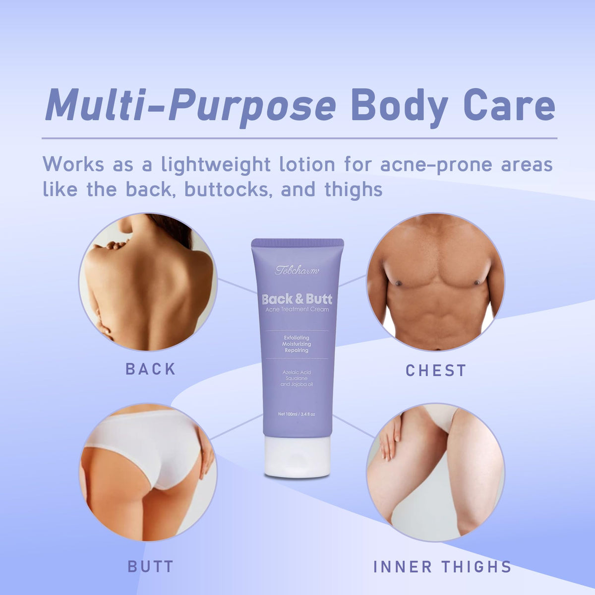Tobcharm applied on back and buttocks illustrating clearer skin benefits