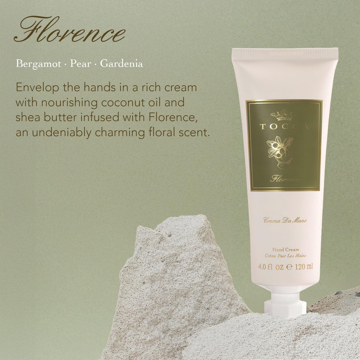 tocca Florence being applied to hands, brand visibly softening skin