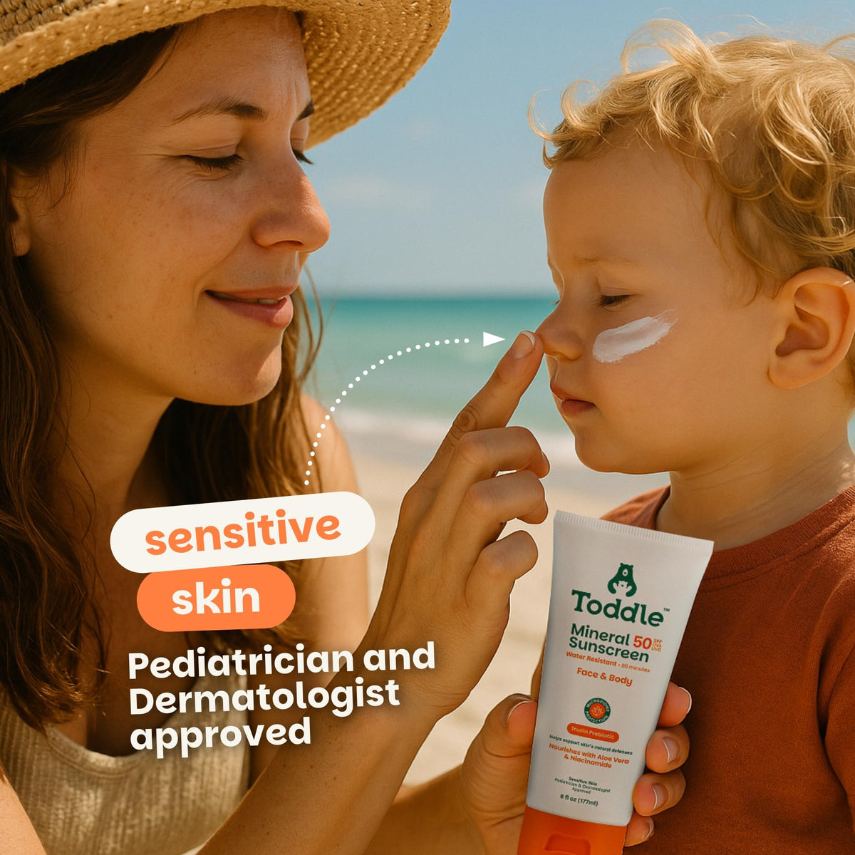 Toddle label detail highlighting zinc oxide SPF 50 and reef-safe claims
