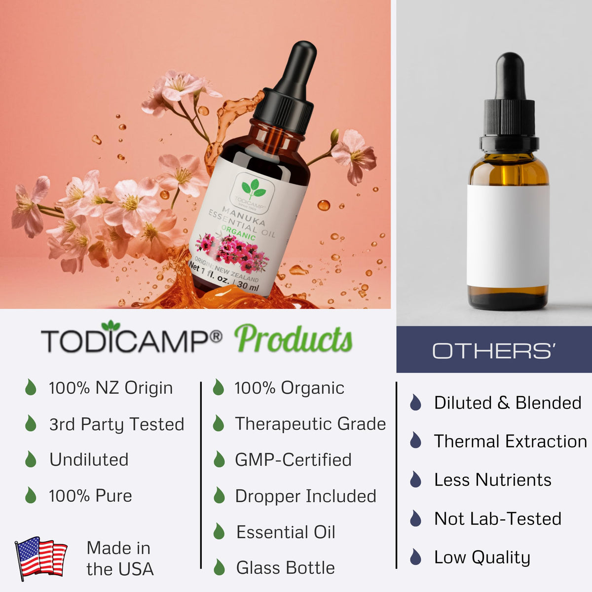 TODICAMP manuka oil bottle beside common household item for scale, shows 1 fl oz size