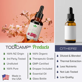 TODICAMP manuka oil bottle beside common household item for scale, shows 1 fl oz size