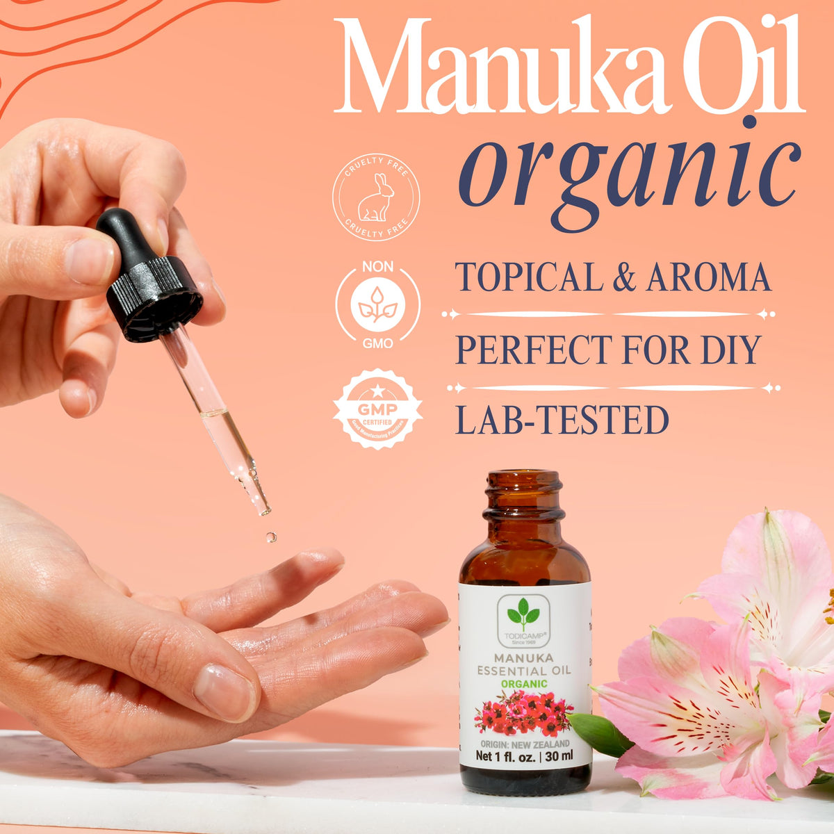 TODICAMP manuka oil texture close-up on fingertip, concentrated cold-pressed botanical oil