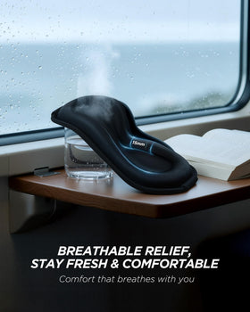 Tolaccea mask worn on airplane providing blackout and calm