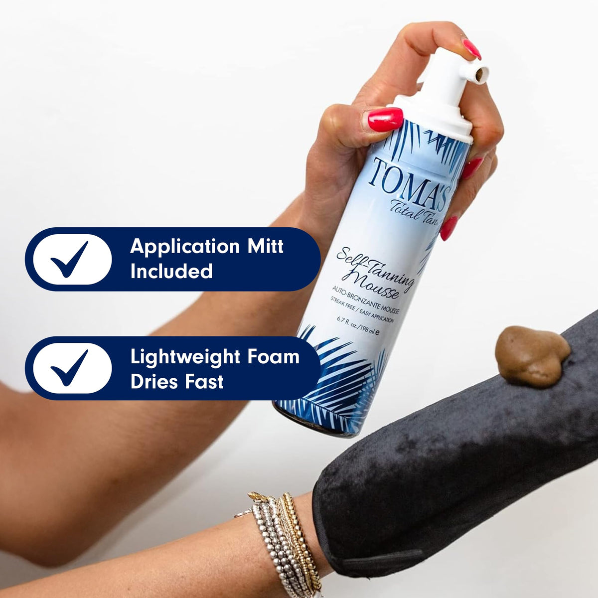 TOMAS application with mitt showing streak-free blending and fast absorption