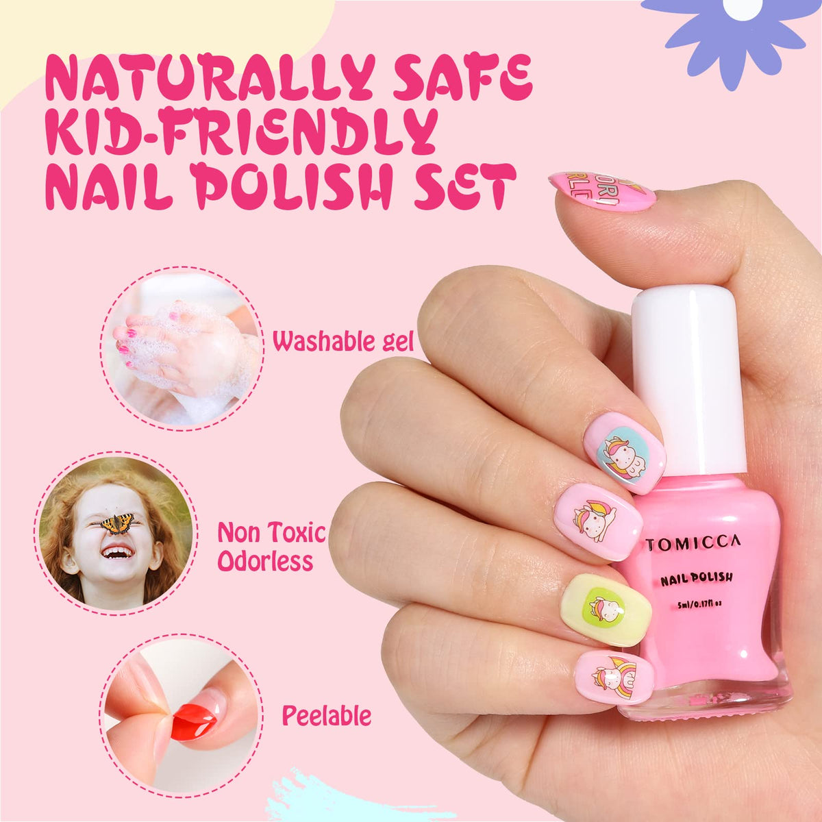 TOMICCA brush applying polish on a child nail for quick drying