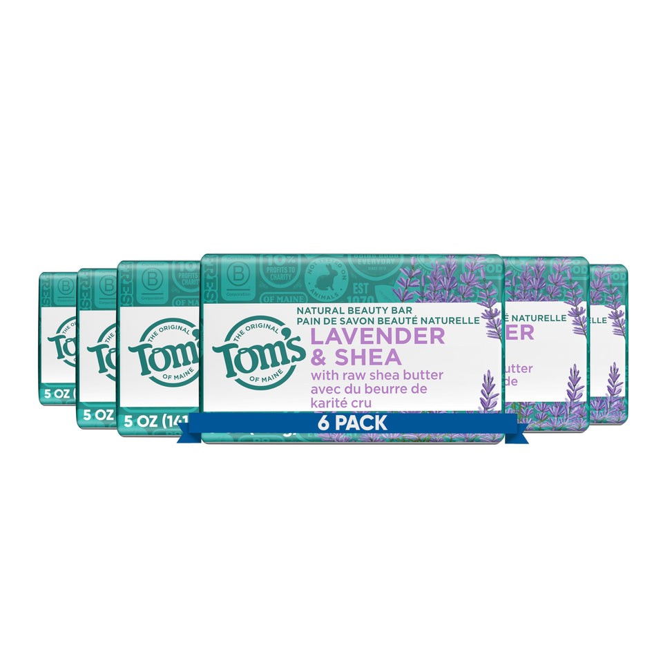 Tom's of Maine front packaging showing six bars and lavender scent benefit