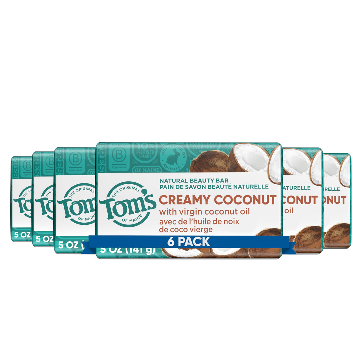 Tom's of Maine front packaging showing six creamy coconut bars and benefits
