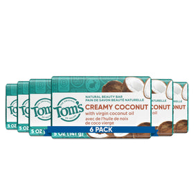 Tom's of Maine front packaging showing six creamy coconut bars and benefits