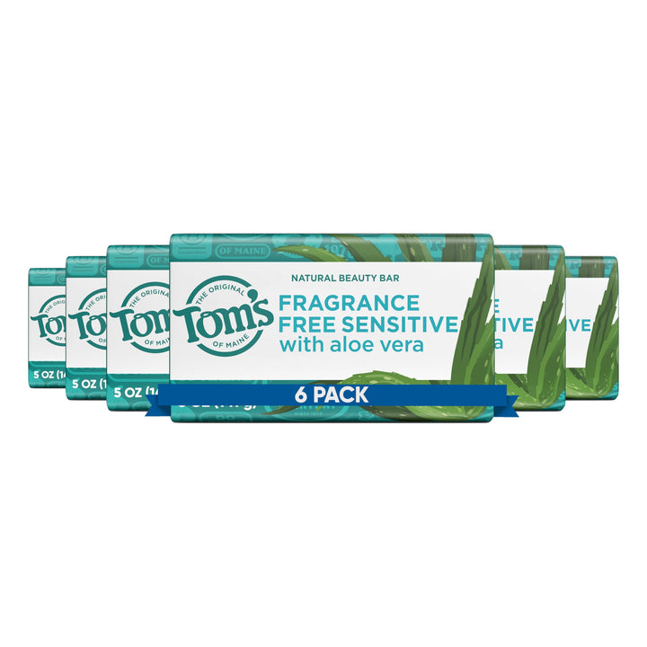 Tom's of Maine front packaging showing six fragrance-free bars and benefits