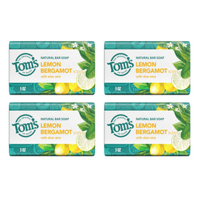 Tom's of Maine front packaging showing four 5 oz bars and bright lemon bergamot scent benefit