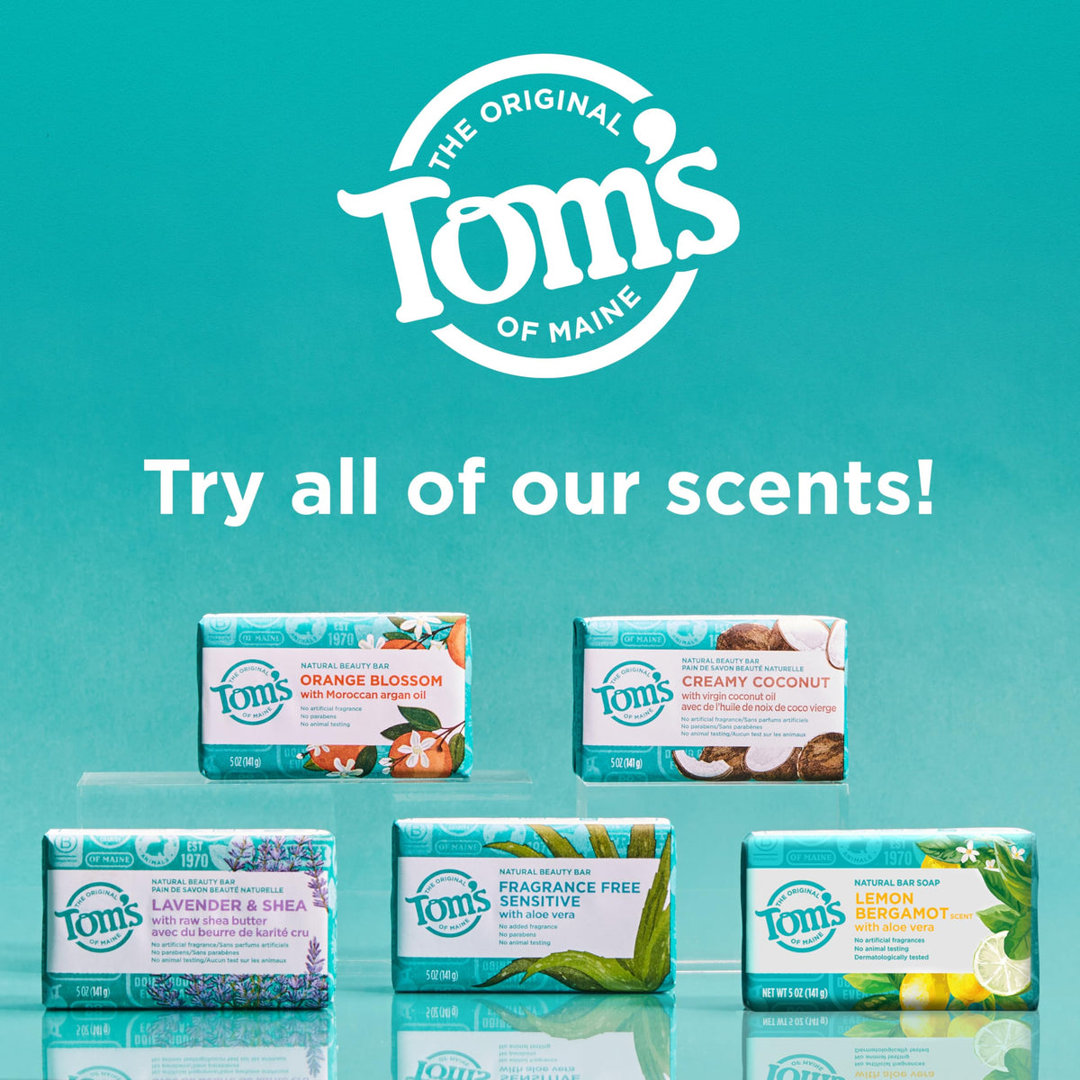 Tom's of Maine soap on shampoo shelf in shower conveying everyday use and refreshing scent benefit