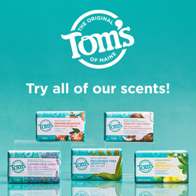 Tom's of Maine soap on shampoo shelf in shower conveying everyday use and refreshing scent benefit