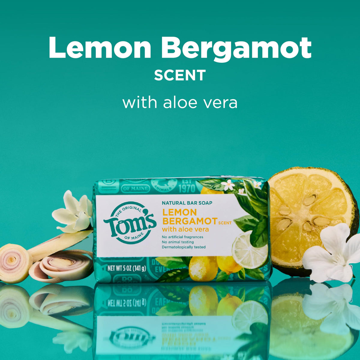 Tom's of Maine single bar top view highlighting compact travel size and reliable cleansing benefit
