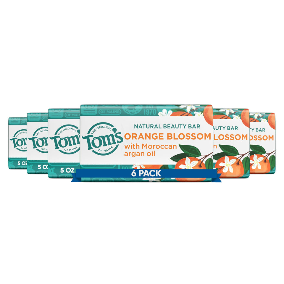Tom's of Maine front packaging showing orange blossom bars and branding, conveys natural choice