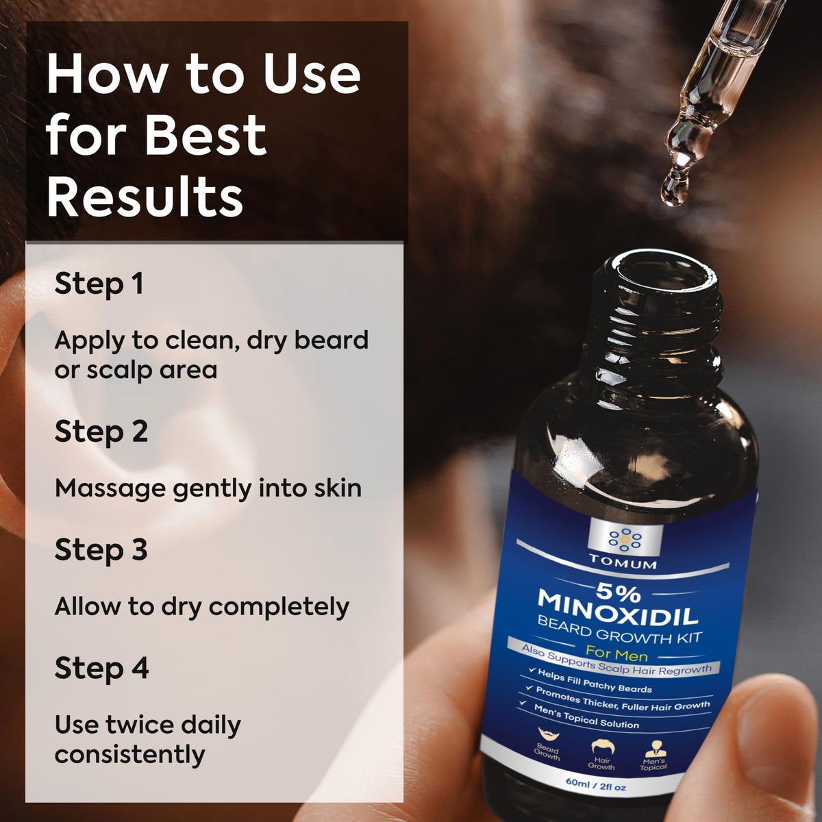 TOMUM label and ingredient panel highlighting minoxidil 5% and usage details