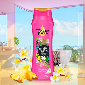 Tone displayed on bathroom shelf in lifestyle setting conveying island-inspired refreshment