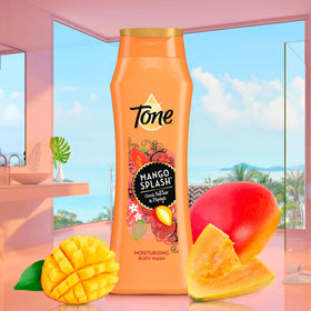 Tone bottle in shower scene suggesting tropical scent and daily refreshment