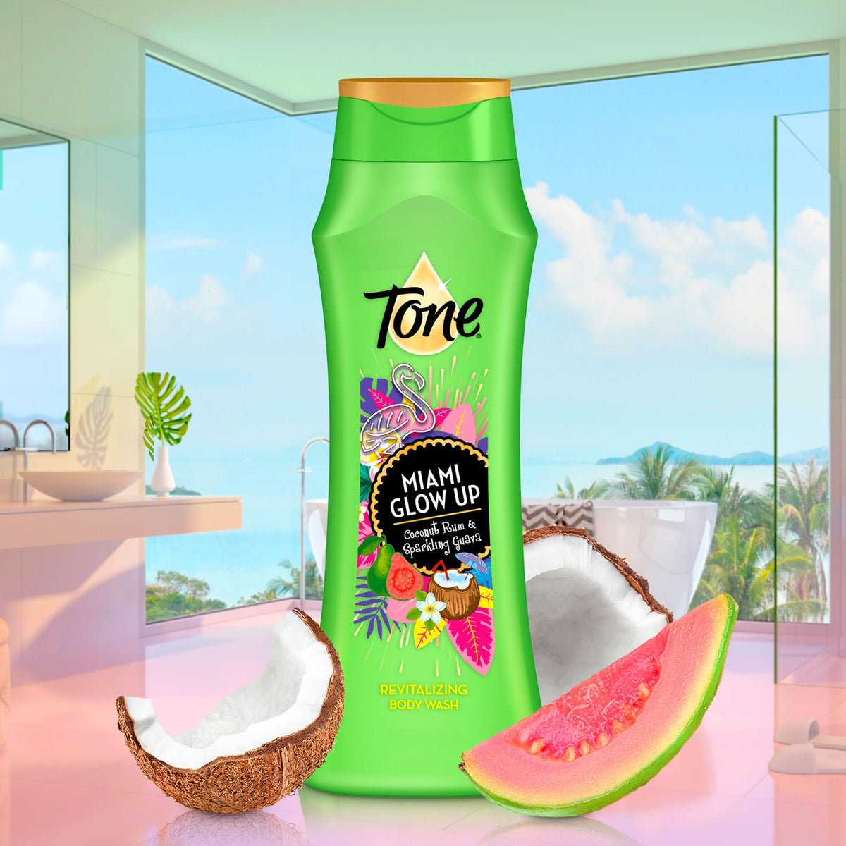 Tone bottle on shower shelf in bright bathroom creating island vibe
